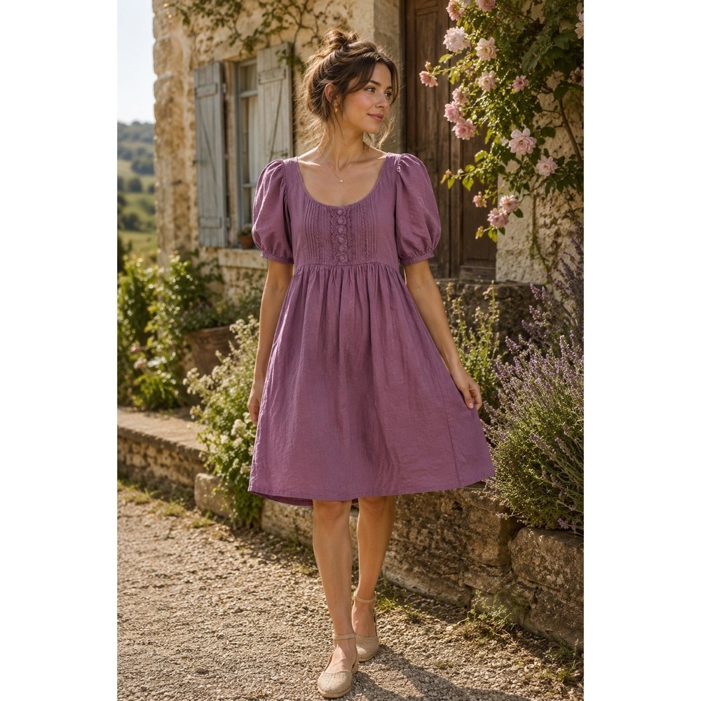 Somewhere Empire Waist Puff Sleeve‎ Dress 38 Cottage Prairie French Country Midi